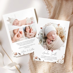 Tarjeta imprimible con fotos para anunciar un bebé con flores silvestres. Anuncio de nacimiento de recién nacido. Bienvenida floral. Plantilla editable. Estilo bohemio marrón G2.