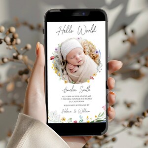 Anúncio eletrônico de bebê Wildflower, Anúncio digital de nascimento de bebê, Anúncio de recém-nascido por SMS floral, Mensagem de texto, Editável, G2