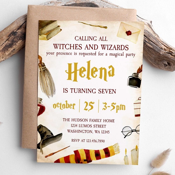 Editable Wizard Birthday Party Invitation, Wizard Birthday Invite, Printable Magical Wizardry Birthday Party Invitation, Red house, Magic