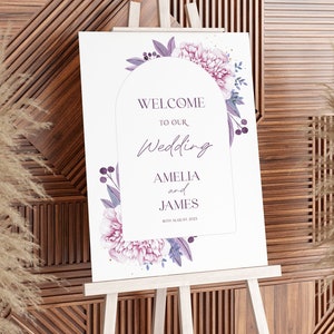 Lavender Welcome Sign Template, Purple Pink Floral Wedding Printable, Printable, Instant Download, Welcome To Our Wedding, Amelia