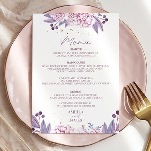 Plantilla de menú de boda en tonos lavanda, flores de color rosa púrpura, menú elegante para cena de boda, imprimible, descarga instantánea, menú de cena de recepción, Amelia