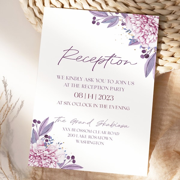 Lavender Reception Invitation Template, Purple Pink Wedding Reception Invite, Instant Download, Editable, Amelia