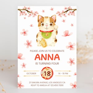 Japanese Lucky Cat Birthday Invitation Editable, Cherry Blossom Template, Ramen Party, Hibachi Dinner, Instant Download, Electronic, BD6