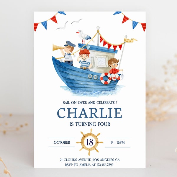 Nautical Birthday Invitation Editable, Sailor Boy 1st Birthday Template, Ahoy Boat Birthday Invite Instant Download, Electronic