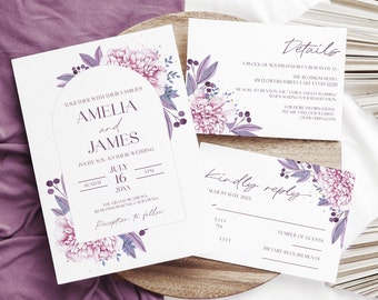 Lavender Wedding Invitation Template Set | Purple Pink Flowers Wedding Printable | Rsvp | Elegant wedding invite | Instant Download Amelia