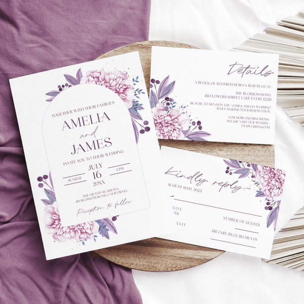 Lavender Wedding Invitation Template Set | Purple Pink Flowers Wedding Printable | Rsvp | Elegant wedding invite | Instant Download Amelia