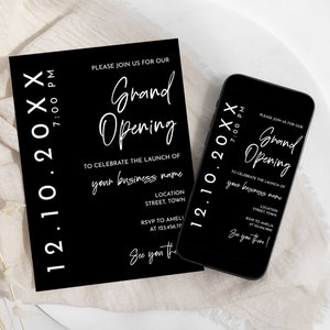 Minimalistische uitnodigingssjabloon feestelijke opening, modern zakelijk evenement, We're Open, IG Story Invite, afdrukbaar, digitale uitnodiging, zwart, YI