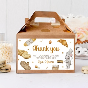 Kookfeest verjaardag geveldoos gunstlabel bewerkbaar, bakfeest geschenkdoos, bedankt kookles kinderen, Mouse Chef Party, downloaden, BD14