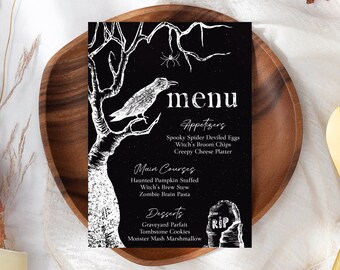 Halloween Party Menu Template, Crow Tree Halloween Menu, Printable Minimalist Dinner Menu, Halloween Table Decor, Adult Halloween Party, H2