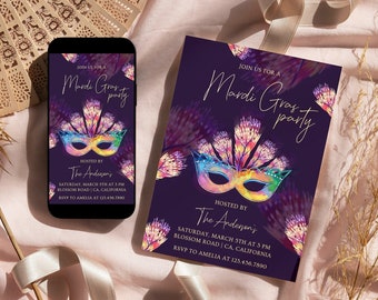 May include: Purple invitation with a colorful Mardi Gras mask and text that reads "Join us for a Mardi Gras party hosted by The Andersons Saturday, March 5th at 3 PM Blossom Road | CA, California RSVP to Amelia at 123.456.7890"