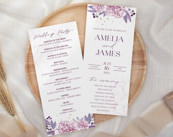 Lavender Wedding Program Template, Purple Pink Flowers, Printable Wedding Ceremony Program, Printable, Instant Download, Editable, Amelia