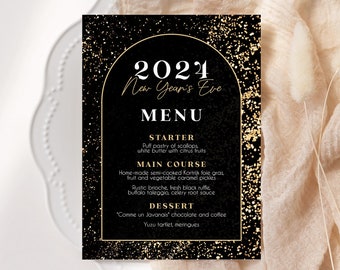 New Year 2024 Menu Template, New Year's Eve Party Dinner Menu, Holiday Party, Black Gold Glitter, Printable Instant Download Electronic, N7