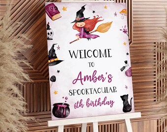 Welkomstbord voor een Halloween-verjaardagsfeestje met heksenthema, Spookachtig welkomstbord, Magisch printbaar, Verkleedfeestje voor meisjes, Direct te downloaden, Bewerkbaar, BD9