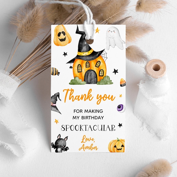 Halloween Birthday Party Favor Tag Editable, Pumpkin House Thank You Tag, Spooktacular Ghost Bat Party Label, Gift Tag, Download, H1