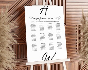 Modelo de Mapa de Assentos para Casamento com Monograma, Mapa de Assentos com Iniciais, Placa de Casamento Minimalista Editável, Placa Moderna, Download Instantâneo Audrey