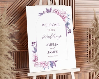 Lavender Welcome Sign Template, Purple Pink Floral Wedding Printable, Printable, Instant Download, Welcome To Our Wedding, Amelia