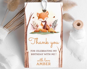 Fox Autumn Birthday Favor Tag, Woodland Party, Editable Printable (Digital Download)
