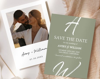 Monogram Sage Green Save The Date Template, Modern Save the Date, Save the Date Digital, Minimalist Photo Invitation, Electronic, Avery