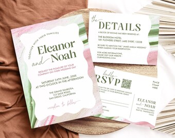 Sage Green Wavy Wedding Invitation Template Set | Sage Green Dusty Pink Wedding Printable | Modern wedding invite Instant Download, Eleanor