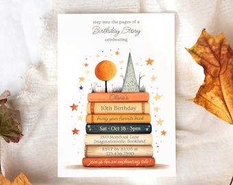 Storybook Birthday Invitation Editable, Book Themed Party Template, Reading Books, Book Stack Library, Fall Autumn, Download, Evite, BD13