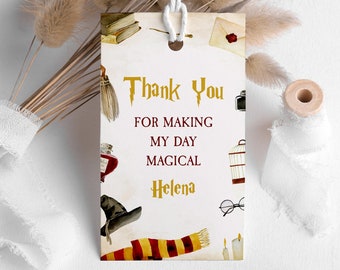 Editable Wizard Birthday Party Favor Tag, Wizard Thank You Tag, Printable Magical Wizardry Birthday Party Label, Red house, Magic