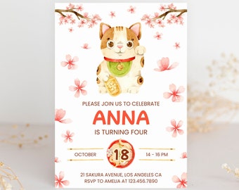 Japanese Lucky Cat Birthday Invitation Editable, Cherry Blossom Template, Ramen Party, Hibachi Dinner, Instant Download, Electronic, BD6