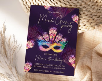 May include: Purple invitation with gold lettering for a Mardi Gras party celebrating Helena's birthday. The invitation features a colorful watercolor mask with feathers and a gold glitter background.