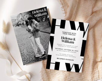 May include: Black and white wedding invitation with the names Helena and William in bold, block letters. The invitation includes the date and location of the wedding. The invitation is decorated with a black and white photo of a couple dancing.