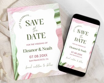 Sage Green Wavy Save The Date Template, Dusty Pink Save the Date Digital Template, Editable template, electronic save the date, Eleanor