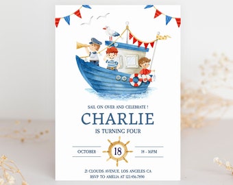 Nautical Birthday Invitation Editable, Sailor Boy 1st Birthday Template, Ahoy Boat Birthday Invite Instant Download, Electronic