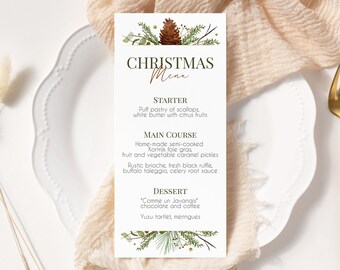 Christmas Greenery Menu Editable, Christmas Party Menu, Holiday Menu, Christmas Dinner Pine Cone, New Year Menu, Download Electronic C6