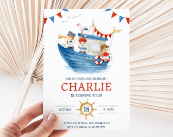 May include: A nautical-themed birthday invitation card featuring a watercolor illustration of a blue boat with three children, red and blue bunting, and a seagull. The text reads: SAIL ON OVER AND CELEBRATE! CHARLIE IS TURNING FOUR, OCTOBER 18, 14-16PM.