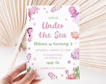 Nautical Birthday Invitation Editable, Sea Any Age Birthday Template, Pink Birthday Invite, Any Age Kids Birthday, Instant Download, BD23