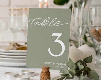 Sage Green Minimalist Wedding Table Numbers, Green Minimalist Table Numbers, Printable, Instant Download, Reception Table Numbers, Avery