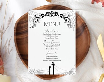 Halloween Party Menu Template, Spiderweb Halloween Menu, Printable Minimalist Dinner Menu, Halloween Table Decor, Adult Halloween Party, H4