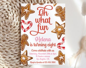 Gingerbread Christmas Birthday Party Invitation Editable, Oh What Fun Red Pink Christmas, Girl Holiday Party, Instant Download Electronic C4
