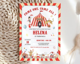 Carnival Birthday Invitation Editable, Circus Birthday Template, Carnival 1st Birthday Invite, Instant Download, Electronic BD18