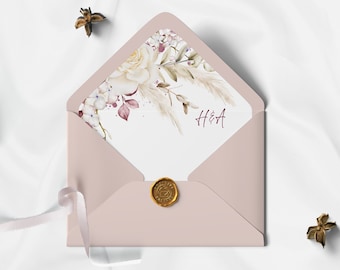 Floral Envelope Liner Template, Flowers Envelope liner, A6 and A7 Euro Flap, Pink Burgundy Wedding Envelope Liner, Harmony
