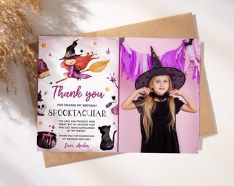 Häxa Halloween födelsedagsfoto redigerbart tackkort, kusligt tackkortsmall, magisk födelsedag, flickas 1-årsdag, nedladdning, BD9