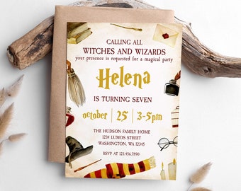 Editable Wizard Birthday Party Invitation, Wizard Birthday Invite, Printable Magical Wizardry Birthday Party Invitation, Red house, Magic