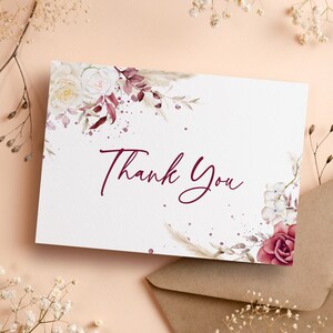 Modèle de cartes de remerciement pour mariage, fleurs roses bordeaux, carte de remerciement pour la douche modifiable, imprimable, téléchargement immédiat, harmonie