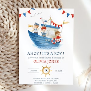 Nautical Baby Shower Invitation Editable Template, Ahoy It&#39;s A Boy Baby Shower Invite, Printable Sailor Invite, Instant Download, Summer