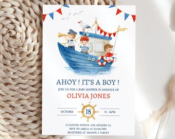Nautical Baby Shower Invitation Editable Template, Ahoy It's A Boy Baby Shower Invite, Printable Sailor Invite, Instant Download, Summer