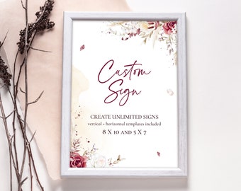 Wedding Custom Sign Template, Pink Burgundy Flowers, Wedding Sign Template, Printable, Instant Download, Wedding Signage, Harmony