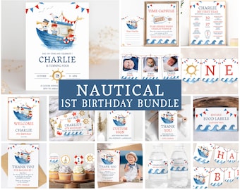 Nautical 1st Birthday Invitation Bundle, Sailor Boy First Birthday Decorations, Ahoy Boat Kid&#39;s Birthday, Nautical Bundle Party, Editable