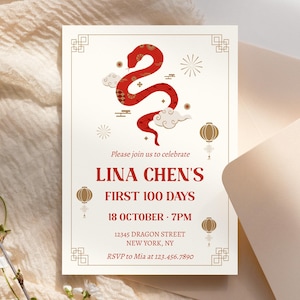 Year of Snake Invitation Template, 100 Days Snake, Chinese Baby Shower, Full Month, Chinese Celebration, Printable Download Electronic, LN6