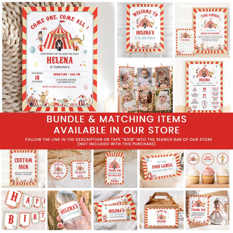 Op de afbeelding: Een feestartikelenpakket met circusthema voorzien van rood-witte gestreepte randen, illustraties van tenten, dieren en artiesten, met tekst waaronder Come One, Come All, Helena en diverse evenementdetails op kaarten, borden en labels.