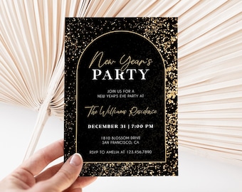May include: Black and gold New Year's Party invitation. The invitation features the text "New Year's PARTY" in white, with event details in gold. The invitation is held by a hand.