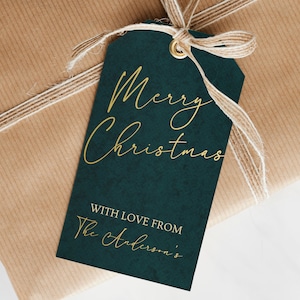 Bearbeitbares Grün Gold frohes Weihnachten Tag, Hochzeit elegantes Favor Tag, dunkle Weihnachten Dankeschön-Tag, Minimalist Tag, Weihnachtsfeier, Download C7