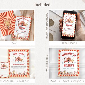 May include: Printable circus party invitation and welcome sign set. The invitation features a red and white striped tent with a colorful circus scene. The welcome sign features a similar design with the text "Welcome to Helena's 5th Birthday".